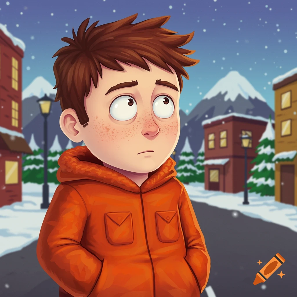 Cartoon portrait of a boy in an orange coat standing in a snowy town street.