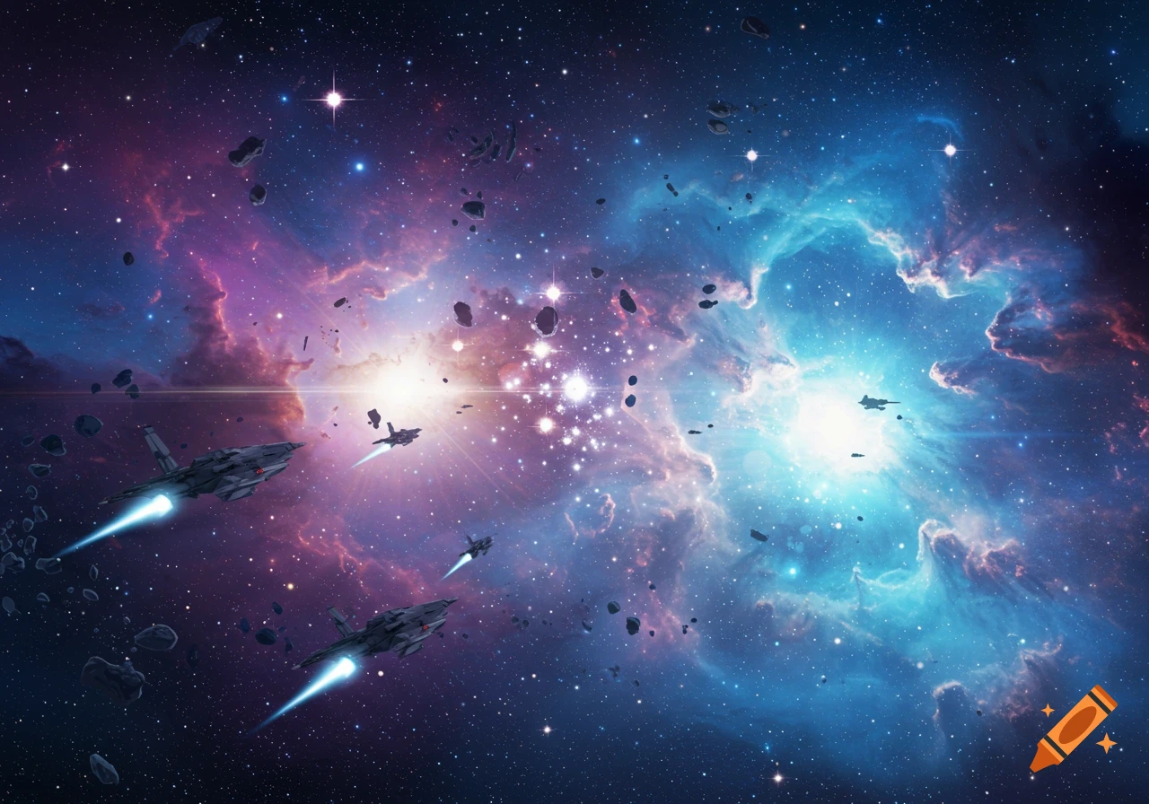 Spaceships fly through a colorful galaxy with stars and asteroids.