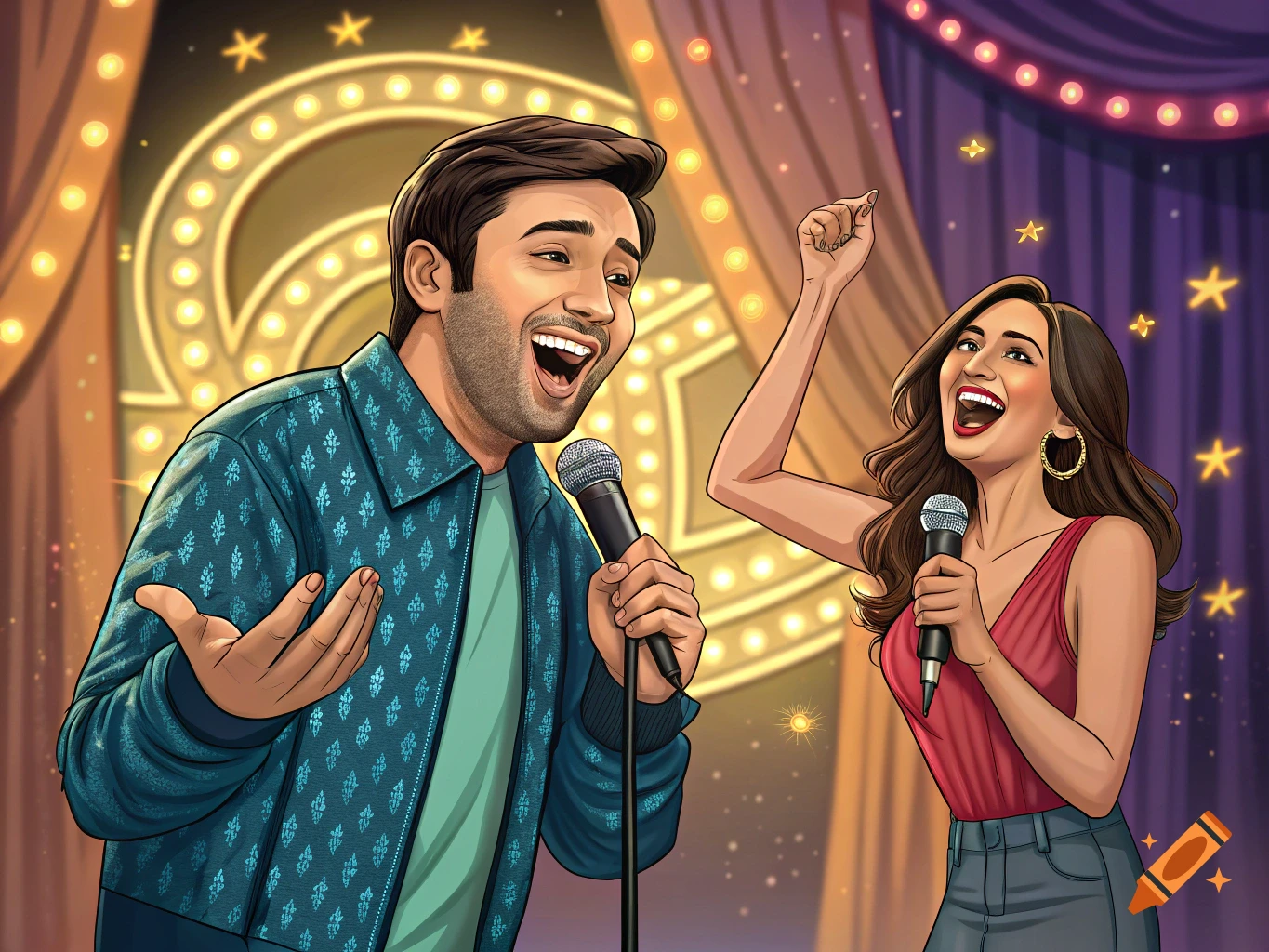Cartoon illustration of a man and woman singing on stage with microphones.