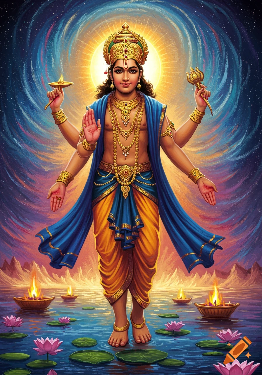 Hindu deity Narayan standing on water with lotus flowers, holding symbols, against a swirling cosmic sky.