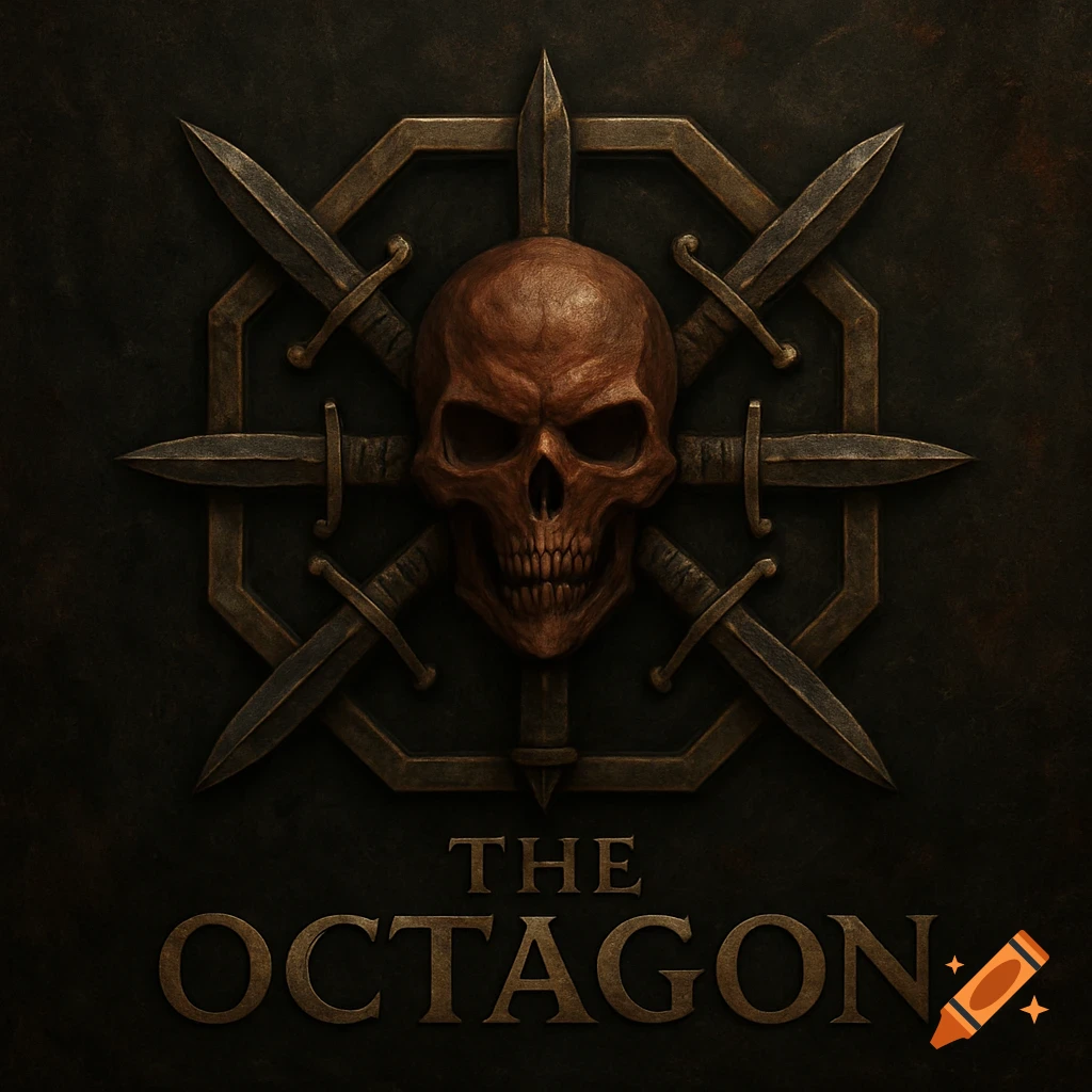 A dark fantasy symbol features a skull centered within an octagon formed by crossed swords, with the text "THE OCTAGON" below.