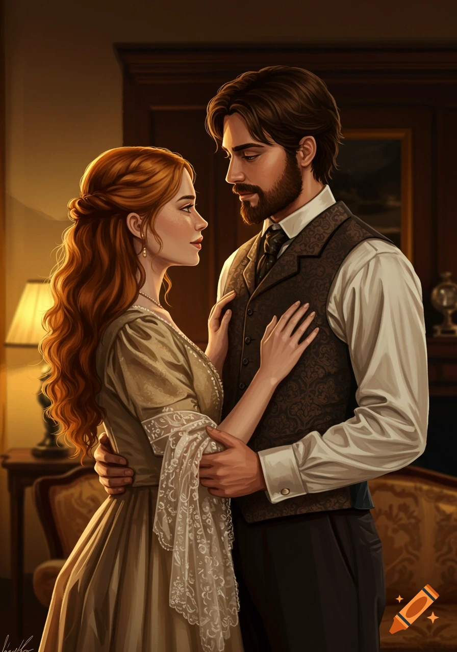 Image of a young Victorian couple embracing.