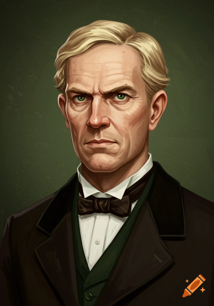 A stern Victorian businessman with blonde hair and green eyes.