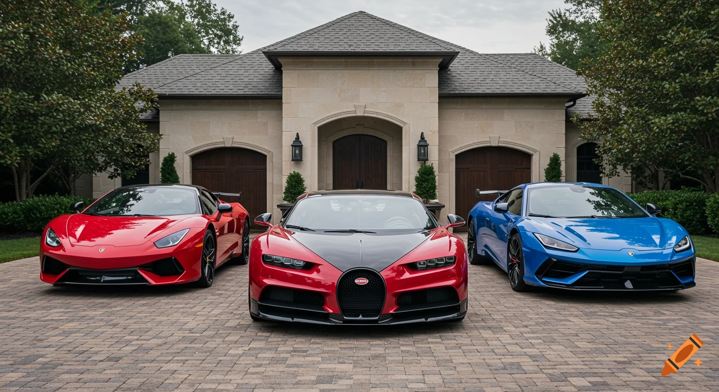 Three luxury sports cars, a red, a red and black, and a blue one, parked on the paved driveway of a large stone mansion.