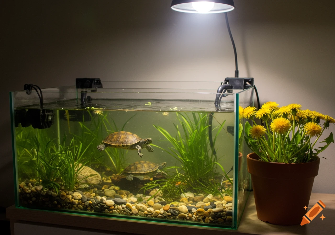 A turtle tank with two turtles, plants, and gravel, next to a pot of dandelions under a lamp.