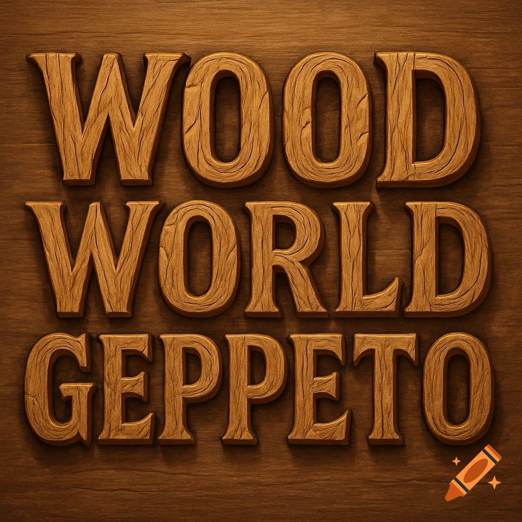 The words WOOD WORLD GEPPETO as wooden letters on a wooden background.