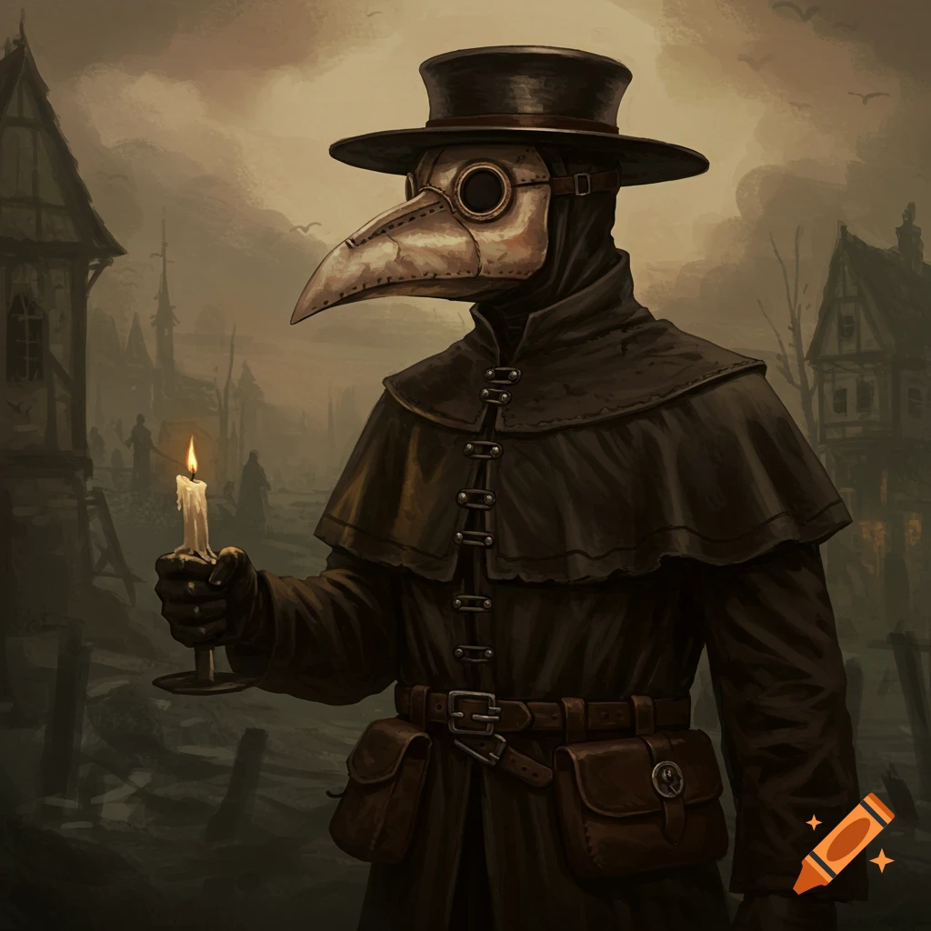 A plague doctor holding a candle in a dark, foggy street.
