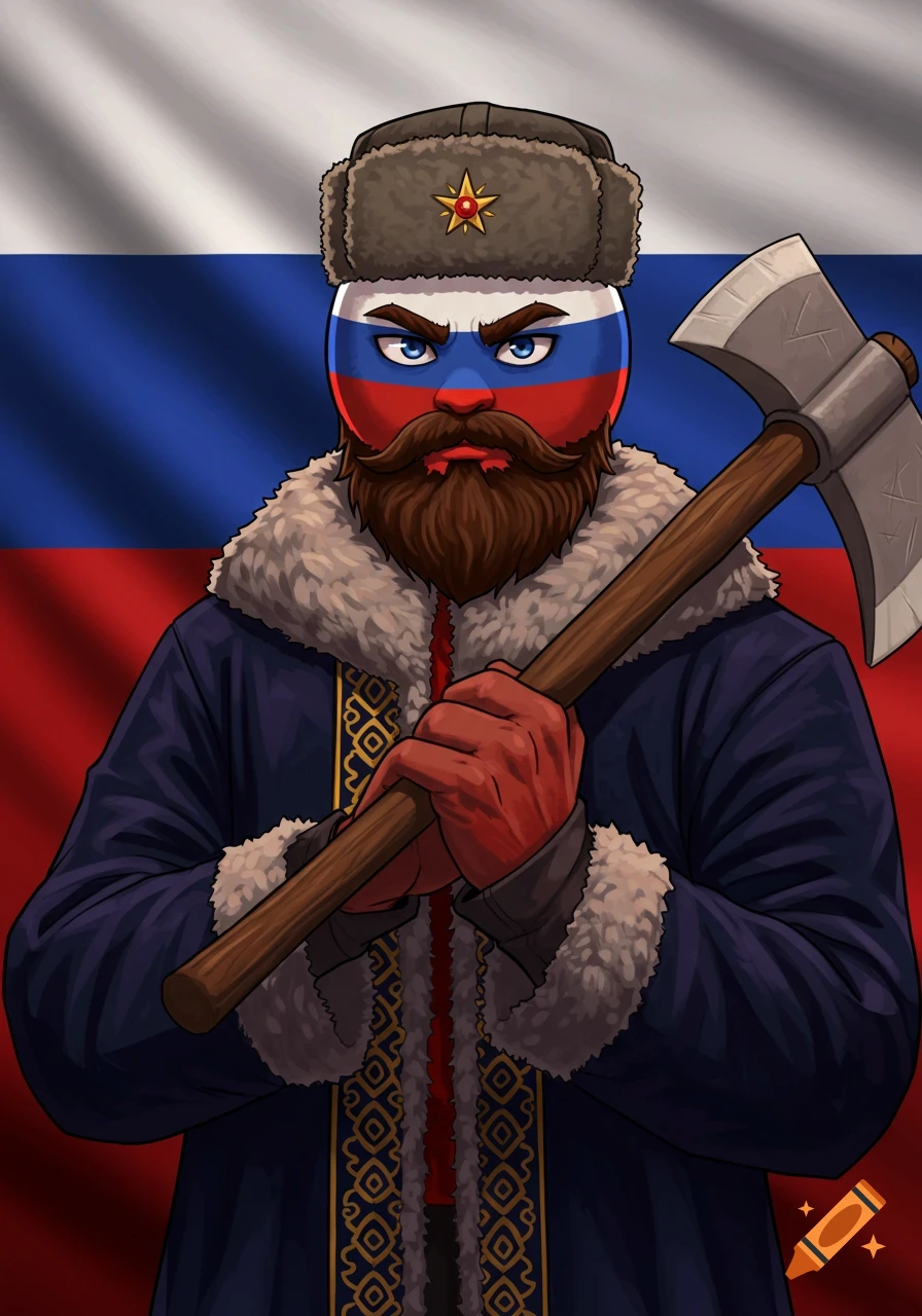 Cartoon illustration of a Russia countryhuman character with a flag face, beard, ushanka, and traditional coat, holding an axe.