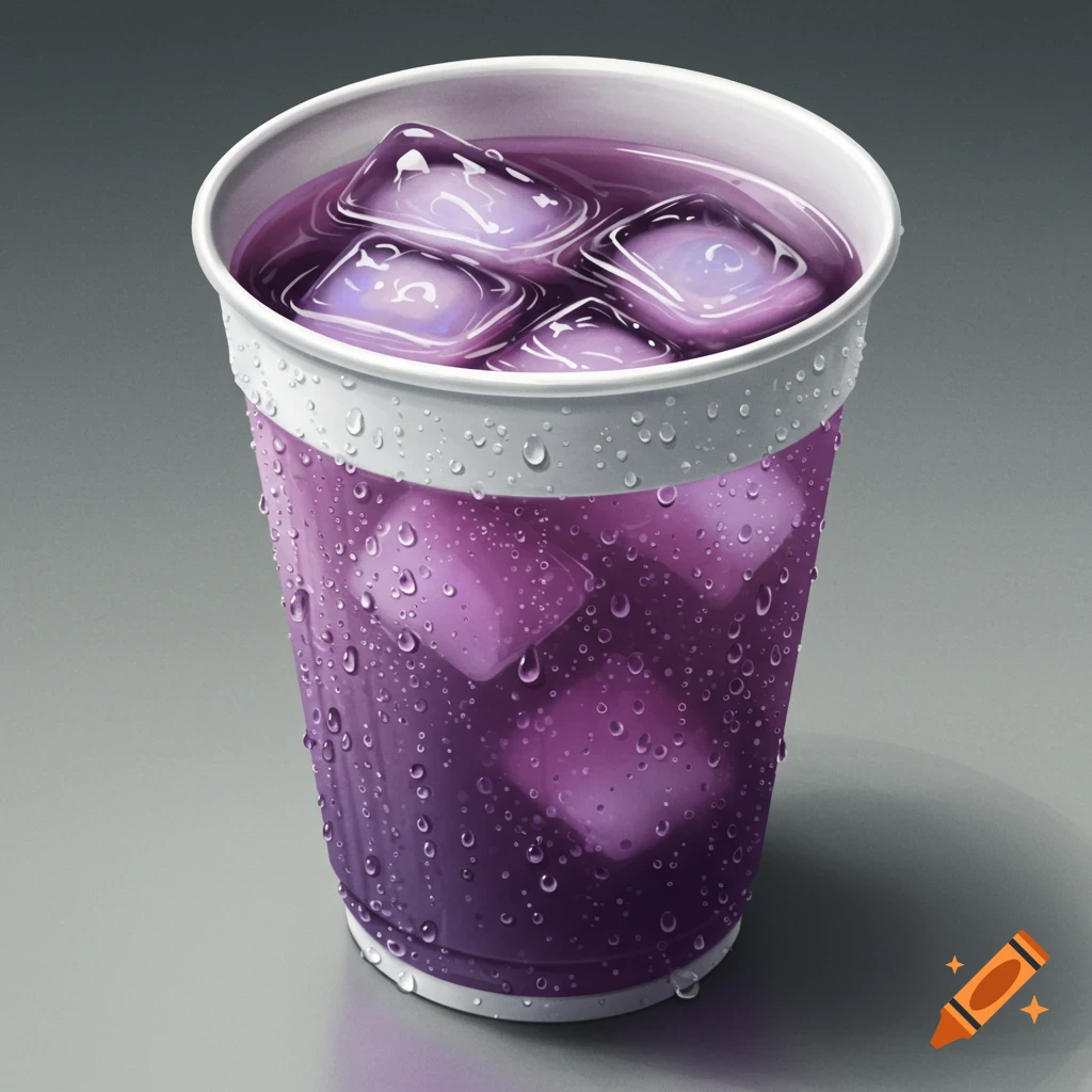 A styrofoam cup filled with purple drink and ice, covered in condensation droplets.