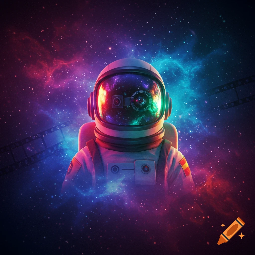 A stylized astronaut with a reflective visor shows a camera lens and eyes, set against a vibrant nebula background with film strip texture. Digital art.