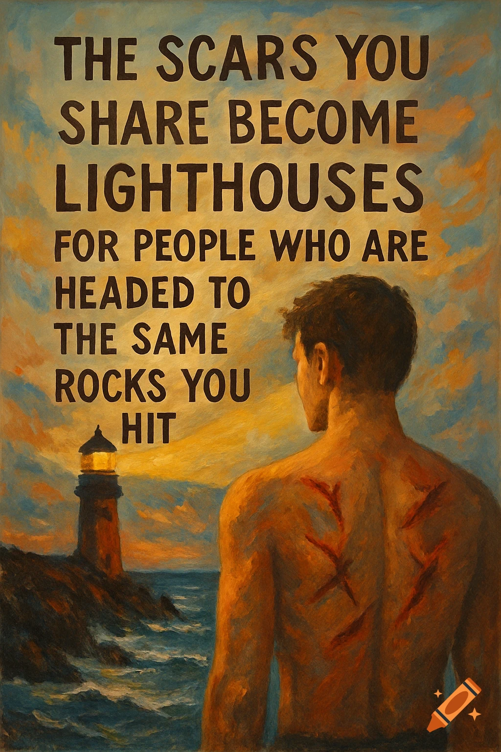A man with scars on his back looks at a lighthouse, with the quote 'The scars you share become lighthouses...' written above.
