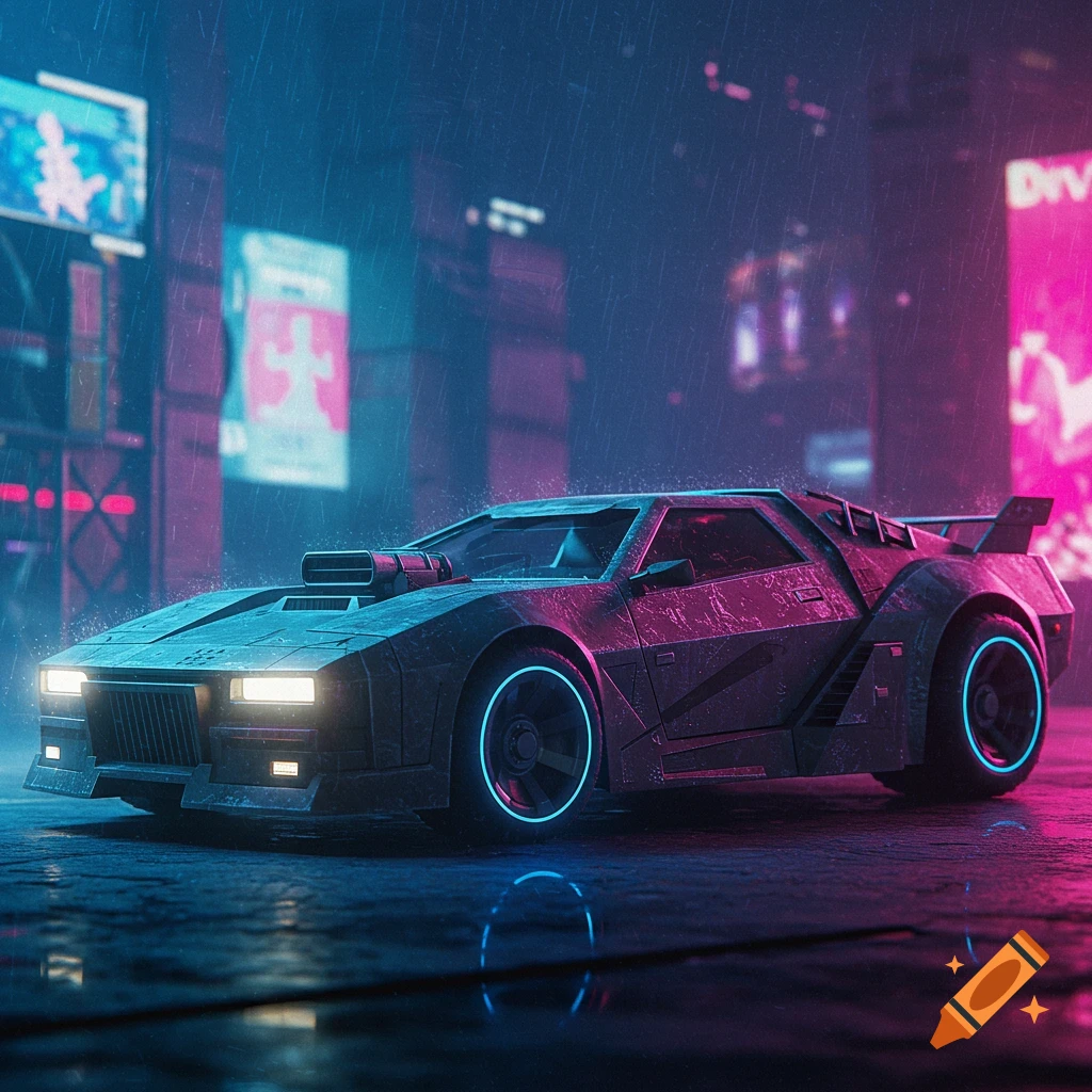 A dark, boxy cyberpunk car with neon blue wheel accents is parked on a wet street in a rainy city with neon signs.