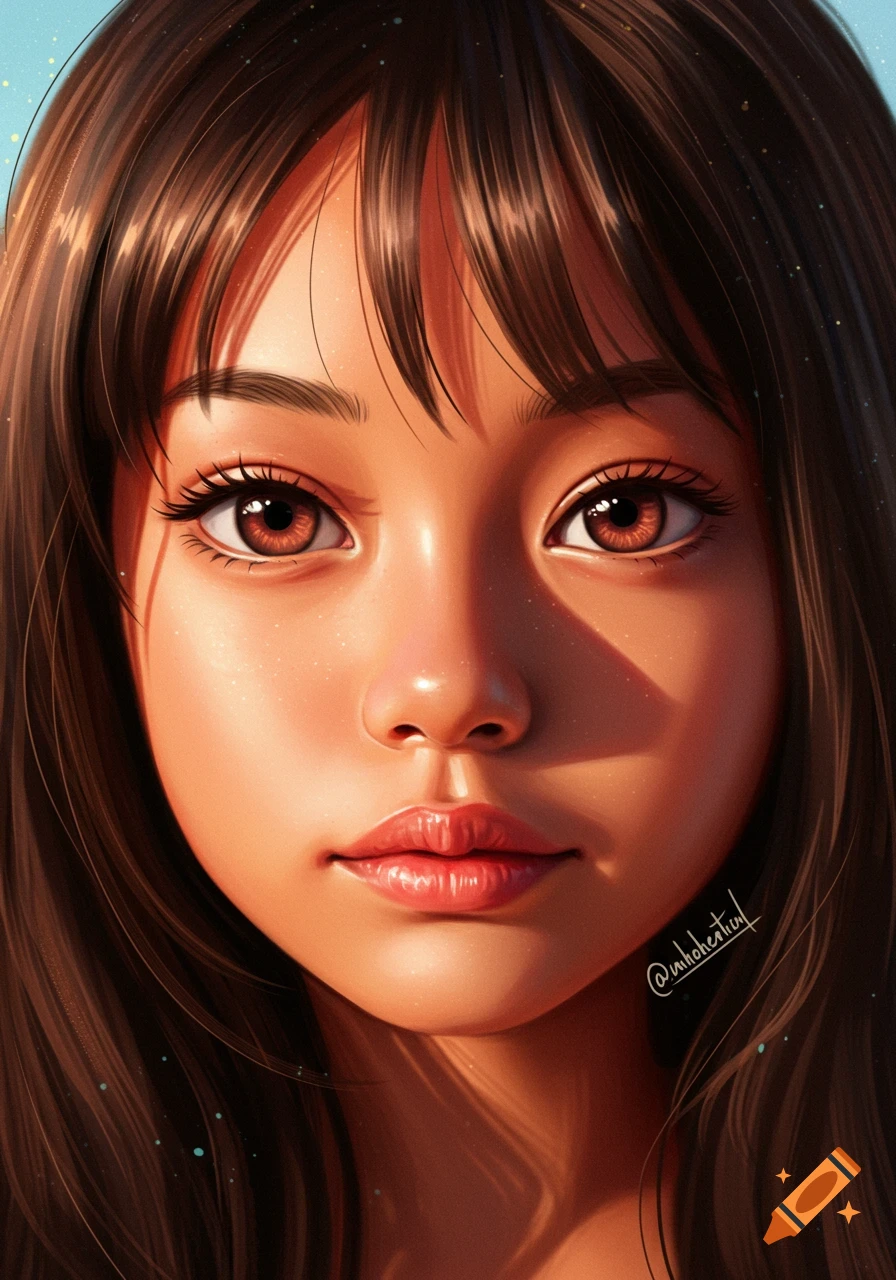 A close-up of a young girl's face with dark hair and warm eyes.