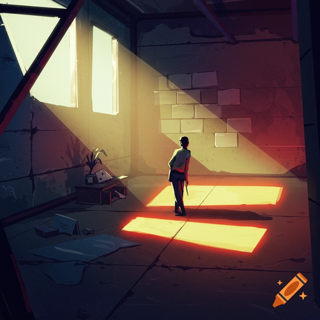 A person stands in a sunlit room, dramatic digital art.