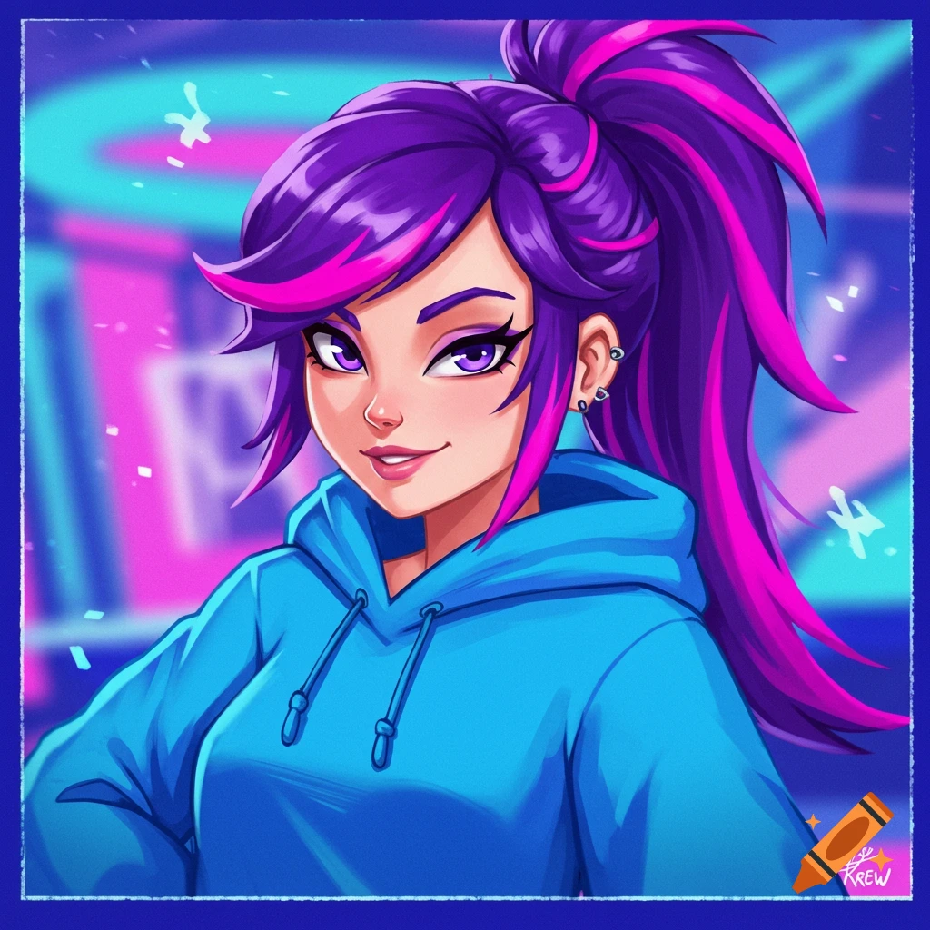 Portrait of a young woman with purple and pink hair wearing a blue hoodie.