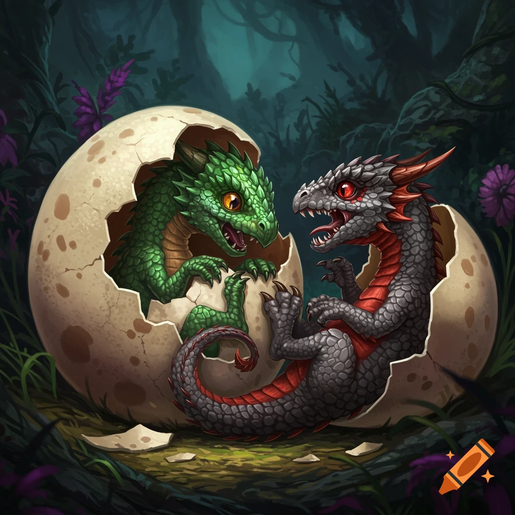 Two baby dragons hatching from eggs in a dark forest, one green and one grey with red highlights, fantasy art style.