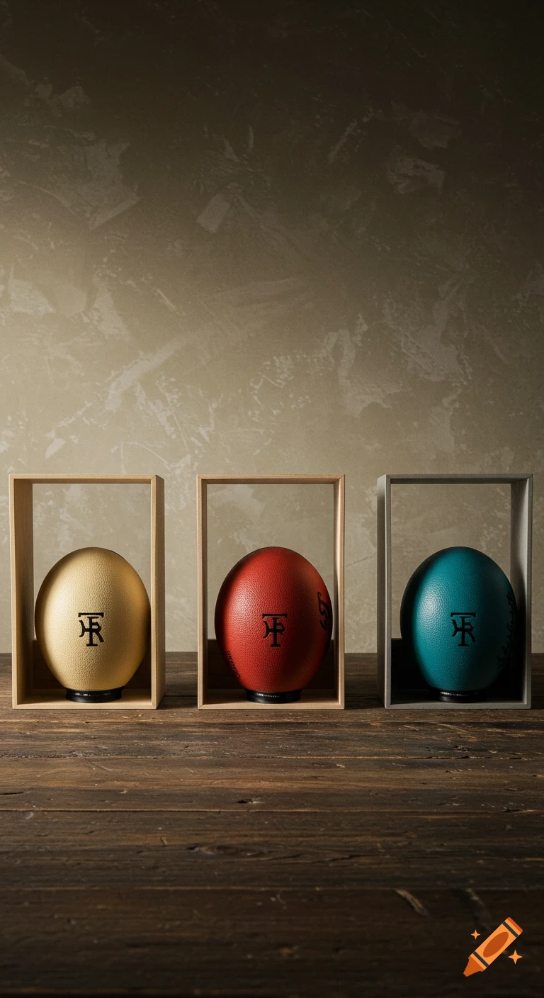 Three balls (gold, red, teal) with black symbols in open boxes on a wooden table against a textured wall.