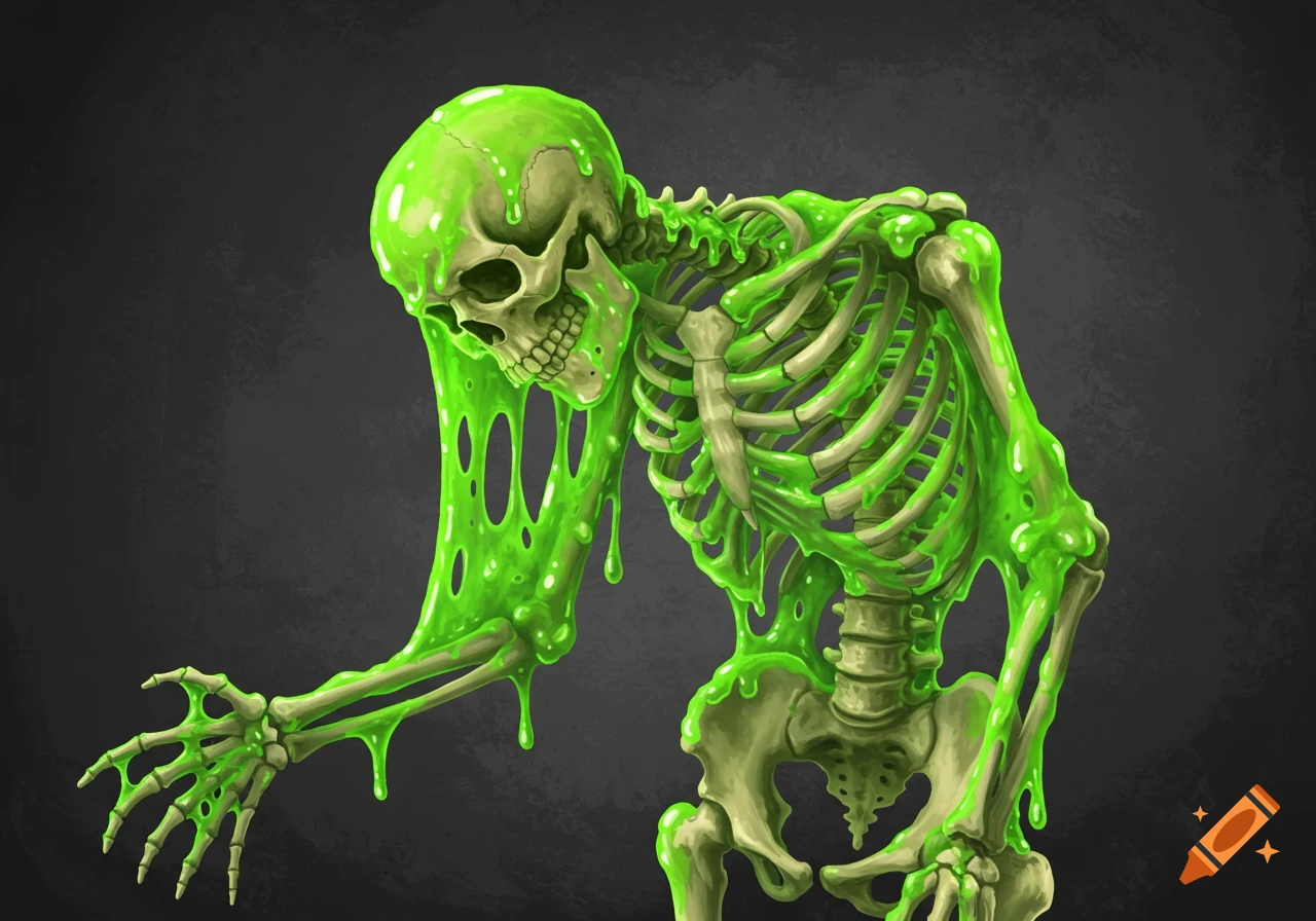 A human skeleton covered in bright green slime.