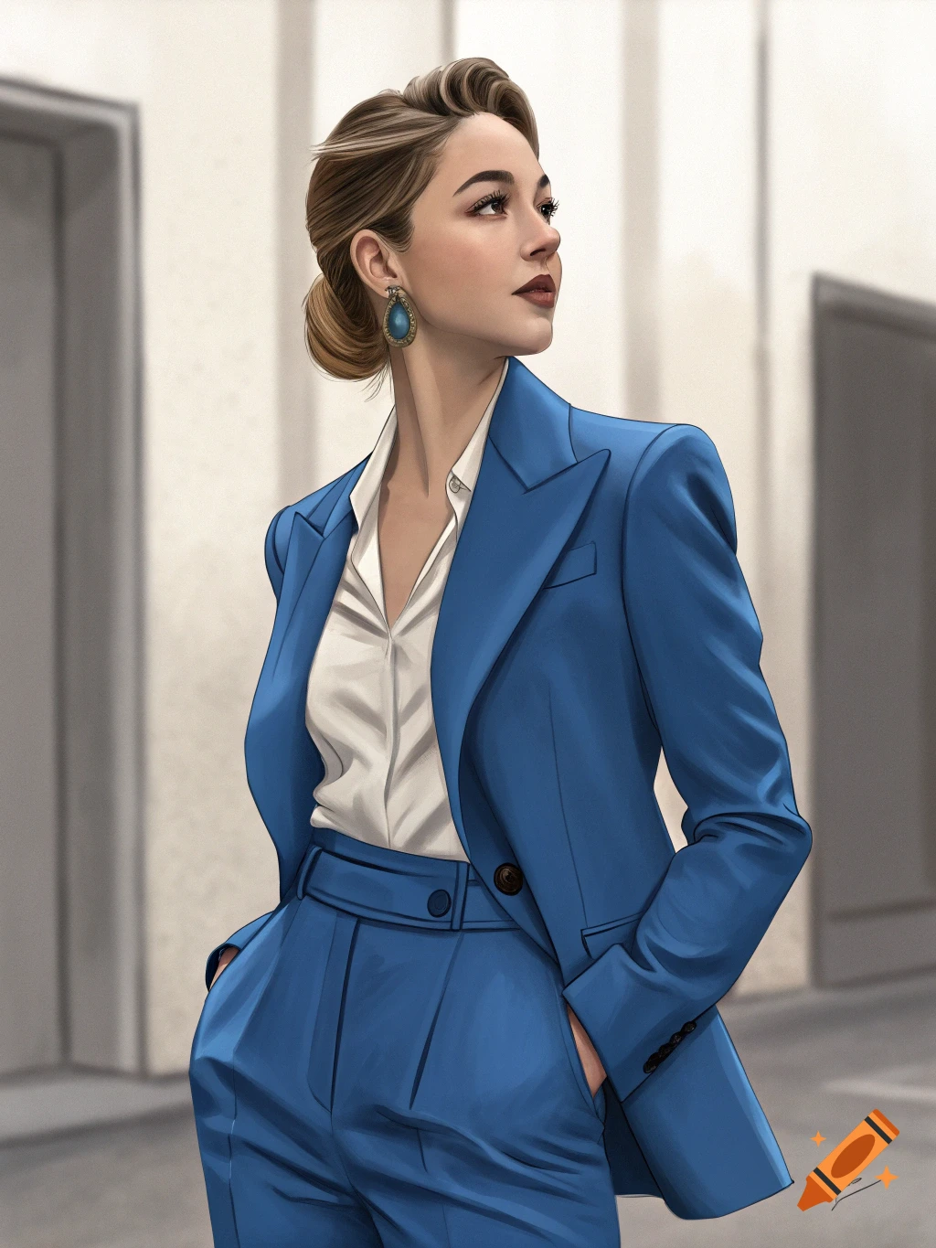 A woman in a blue pantsuit stands with her hands in her pockets.