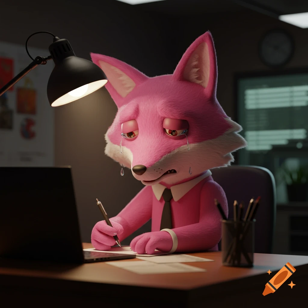 A 3D cartoon pink fox in a shirt and tie cries while writing at a desk under a lamp.