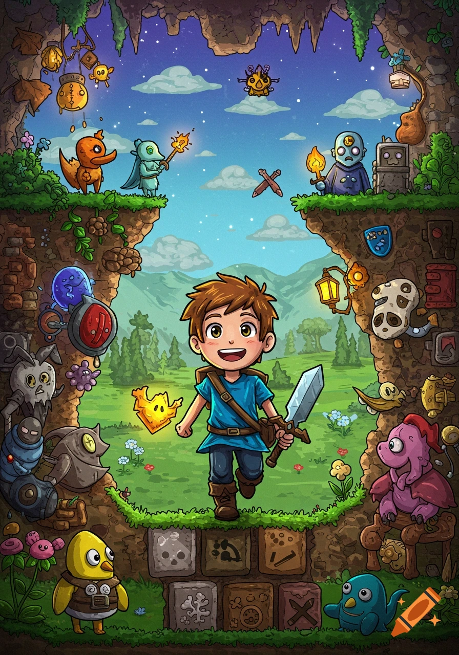 Cartoon style fantasy scene of a boy with a sword in a cave opening, surrounded by game creatures and icons.