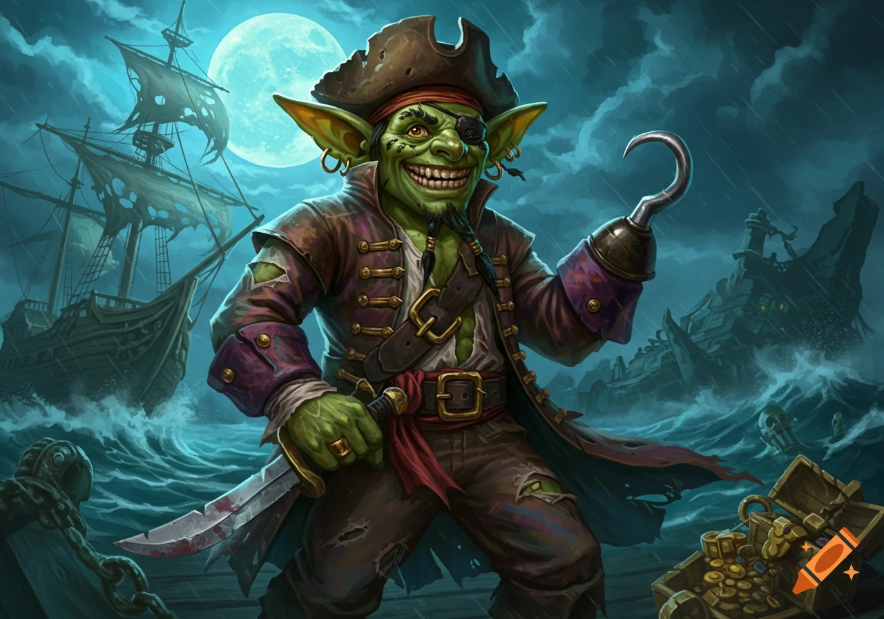 A grinning goblin pirate holding a hook hand and sword on a stormy sea with ships and treasure.