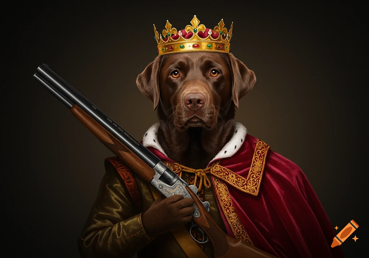 Digital portrait of a chocolate lab dog wearing a king's crown and cape, holding a shotgun.