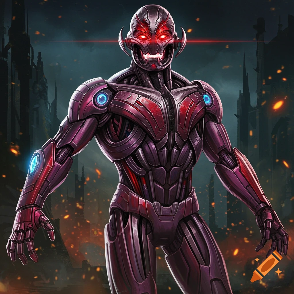 A red and grey robot with glowing red eyes stands in a ruined city with fire.