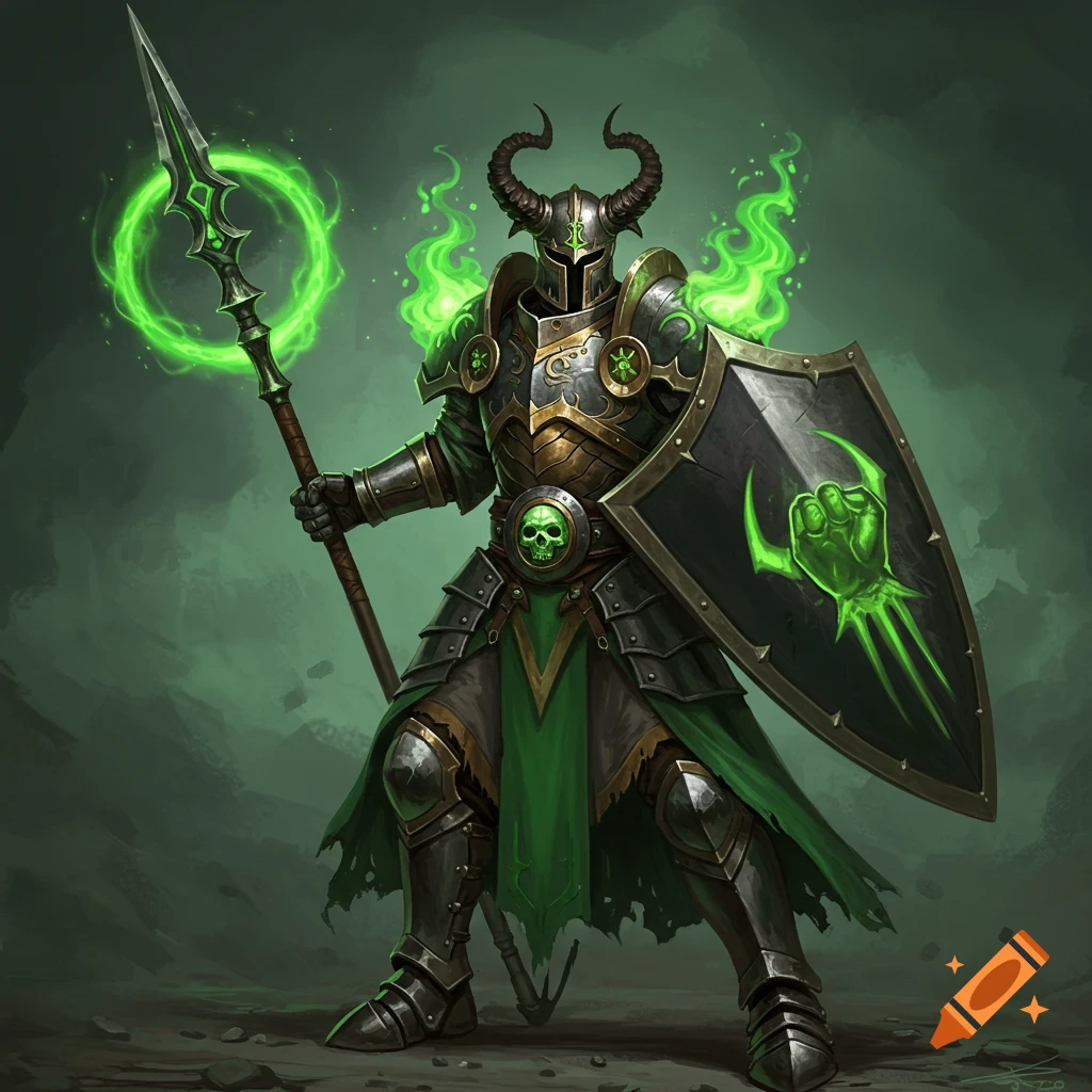 A fantasy knight in dark armor wielding a spear with a green aura and carrying a shield with a green flaming fist emblem.