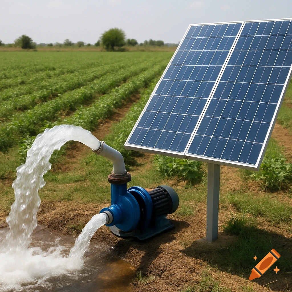 A solar panel powers a water pump irrigating a green field.