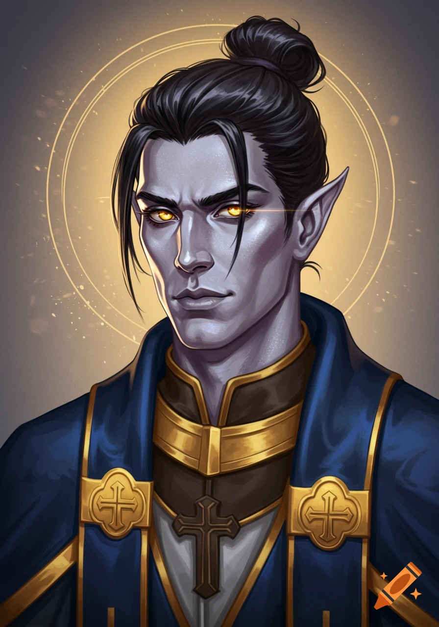 Portrait of a fantasy male character with grey skin, yellow eyes, and blue and gold cleric robes.