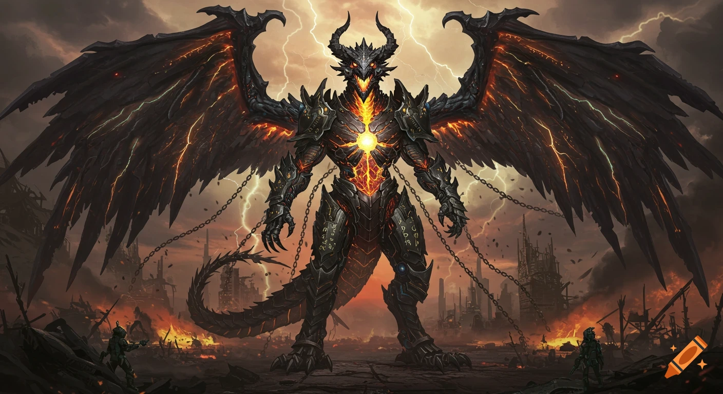A large dark dragon-like creature with glowing fiery parts stands chained in a ruined cityscape under a lightning sky.