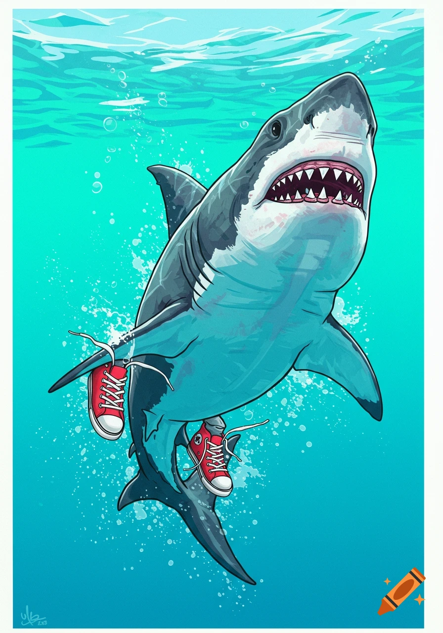 A cartoon great white shark wearing red sneakers and swimming underwater.
