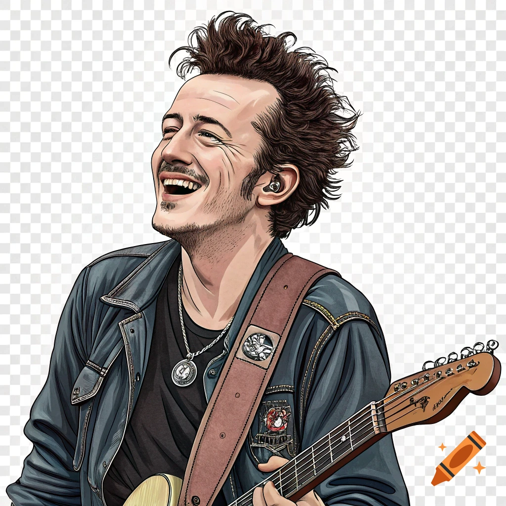 Cartoon portrait of Joe Strummer playing guitar and laughing, in a denim jacket with a transparent background.