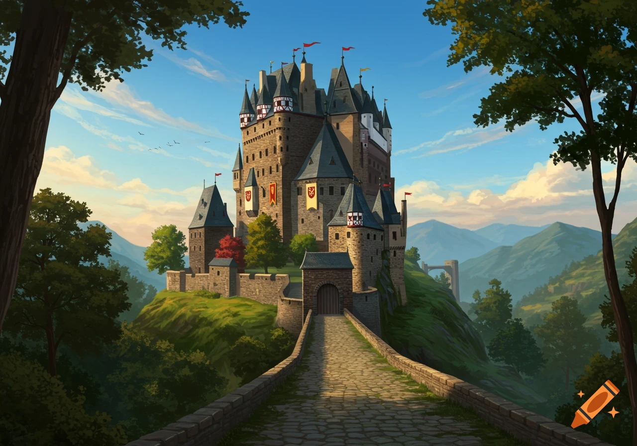A detailed image of a large fantasy castle on a grassy hill, with a stone path leading to its gate. Trees frame the view, and mountains are visible in the distance under a cloudy sky.