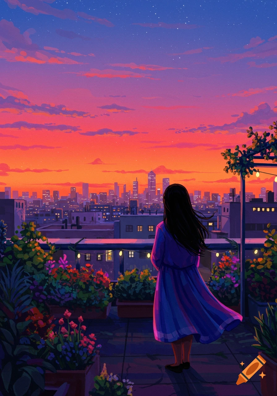 A woman standing on a rooftop looking out at a city skyline during a vibrant sunset, with potted plants and string lights.