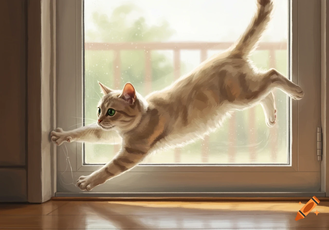 A beige and white cat jumps across a sliding glass door, stretching out its body and paws.