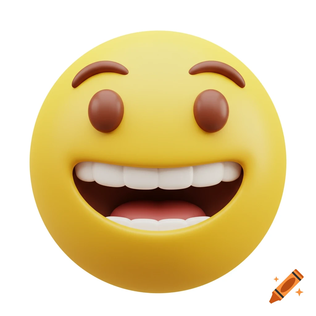 A 3d rendering of a yellow laughing face emoji with wide grin and eyes.