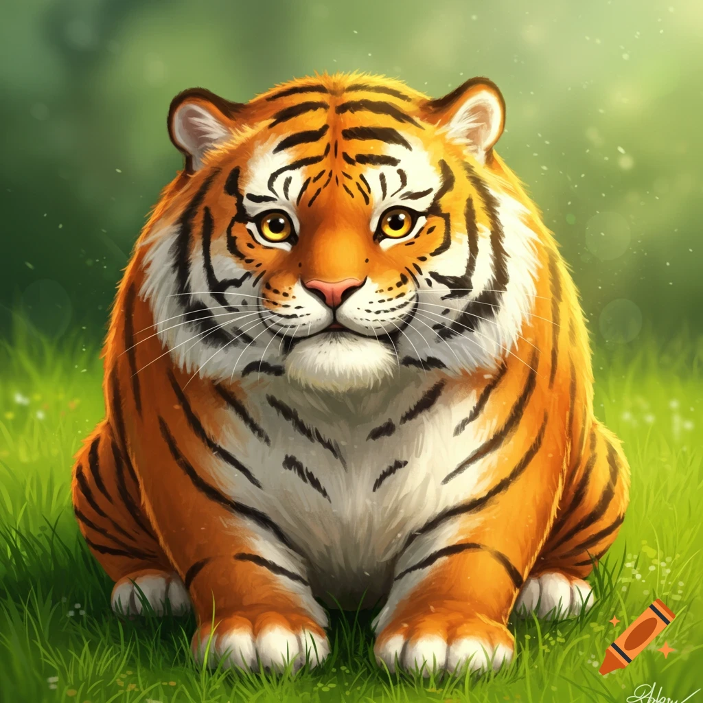 A cute, fat tiger sits in the grass.