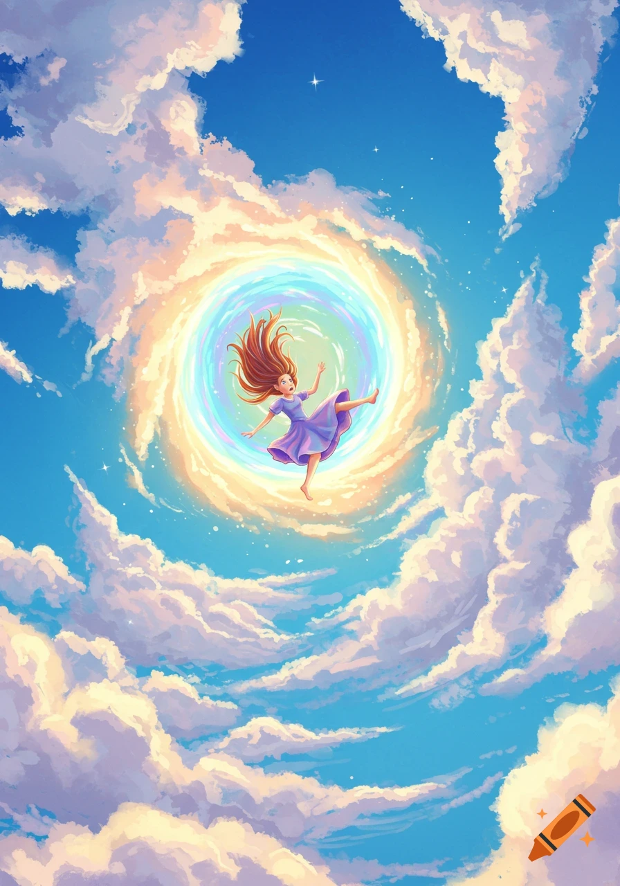 A girl falls through a colorful portal in a cloudy blue sky.