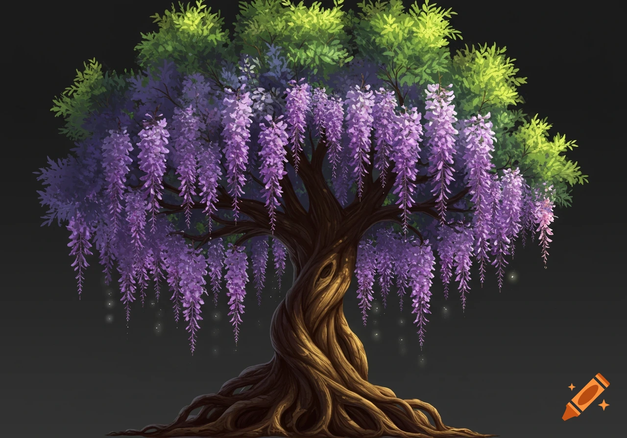 A fantasy tree with purple wisteria-like flowers against a dark background.
