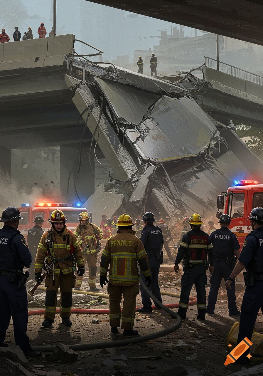 Firefighters and police are at the scene of a collapsed highway bridge.