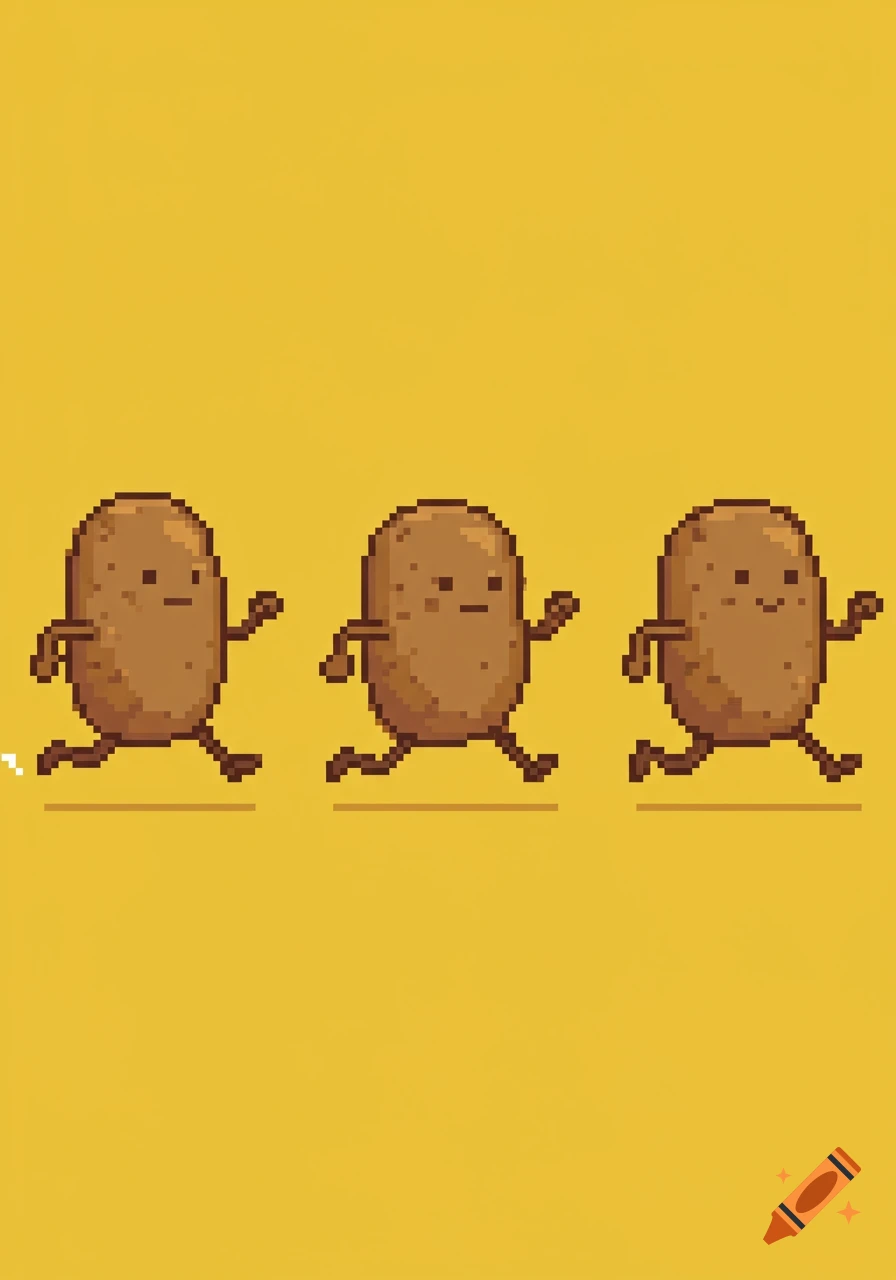 Three pixel art potatoes with arms and legs run across a yellow background.