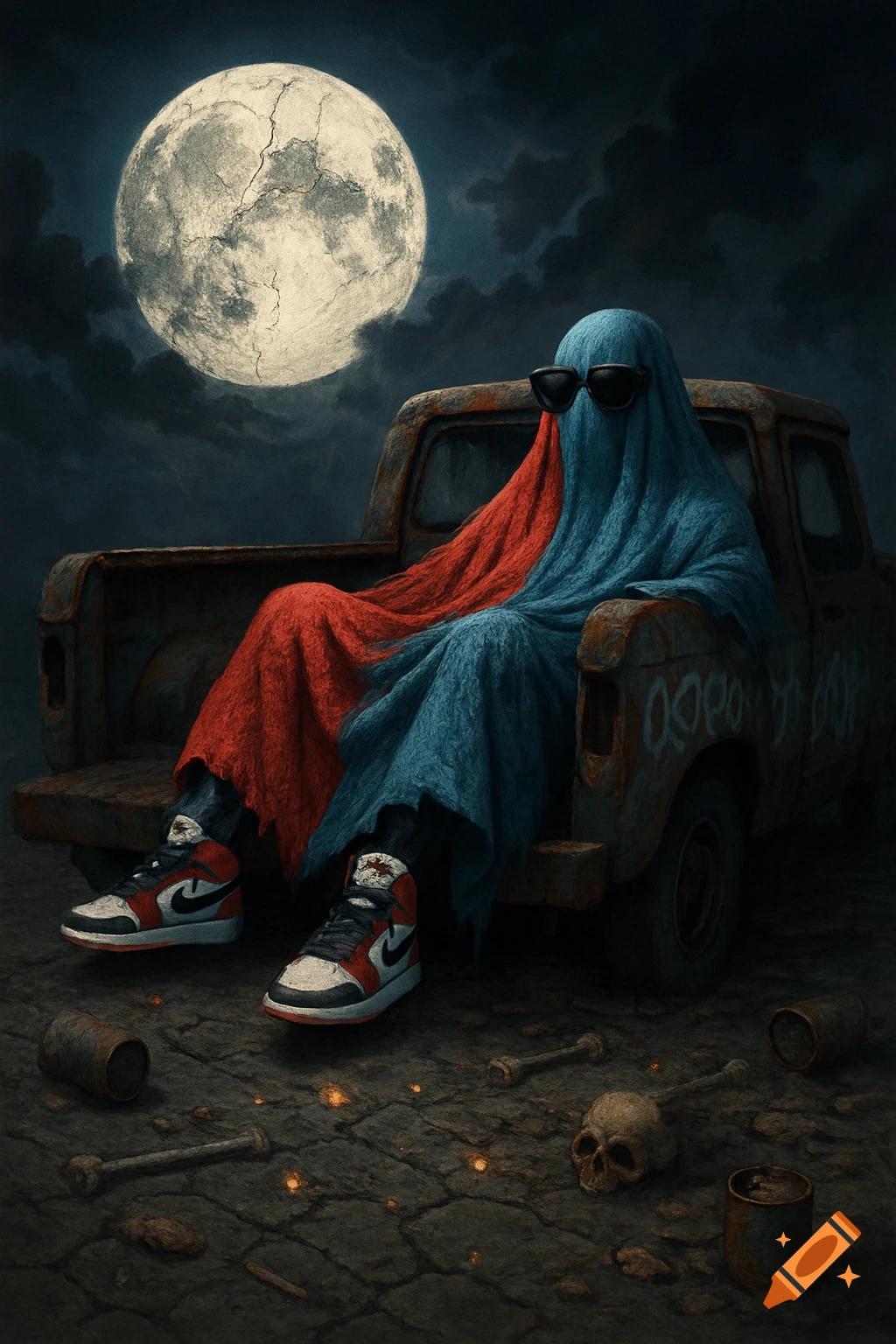 A ghost in a split red and blue sheet, sunglasses, and Jordans sits in a rusty truck bed under a full moon.
