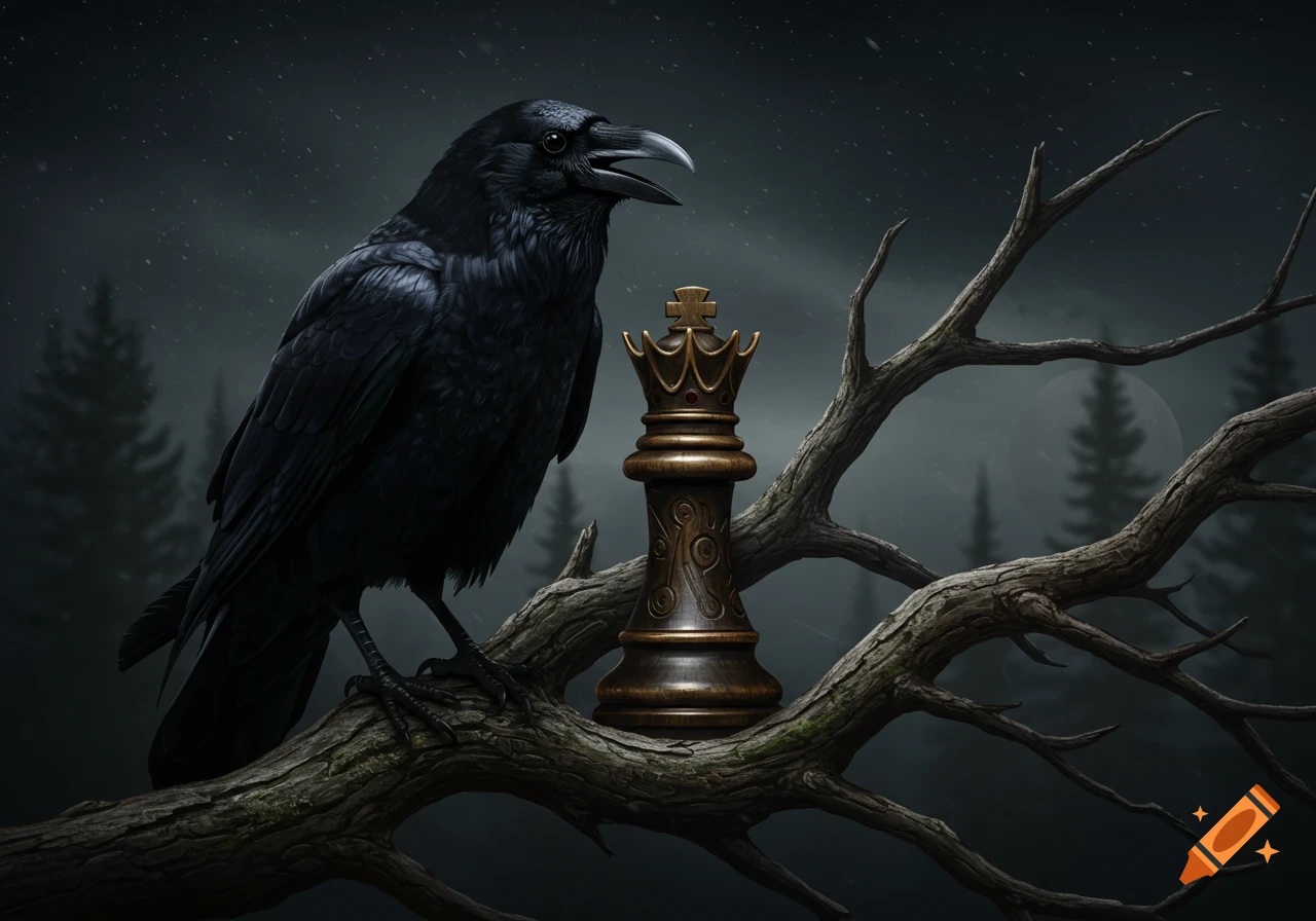 A raven perched on a branch next to a king chess piece.