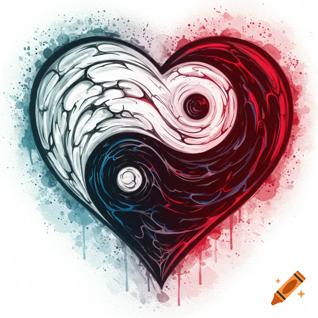 A heart symbol with a yin-yang design, featuring red and blue watercolor splatters.