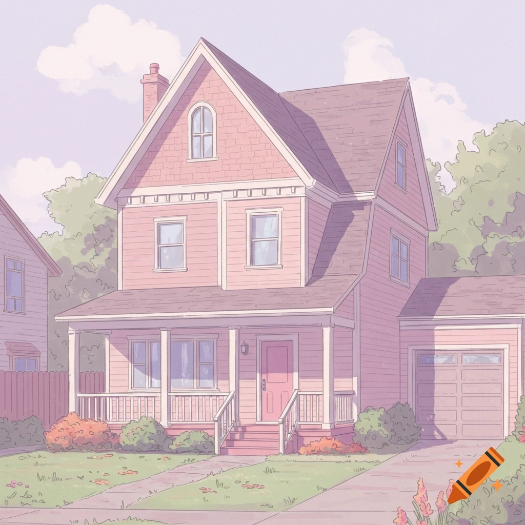 a pink house with a porch and garage