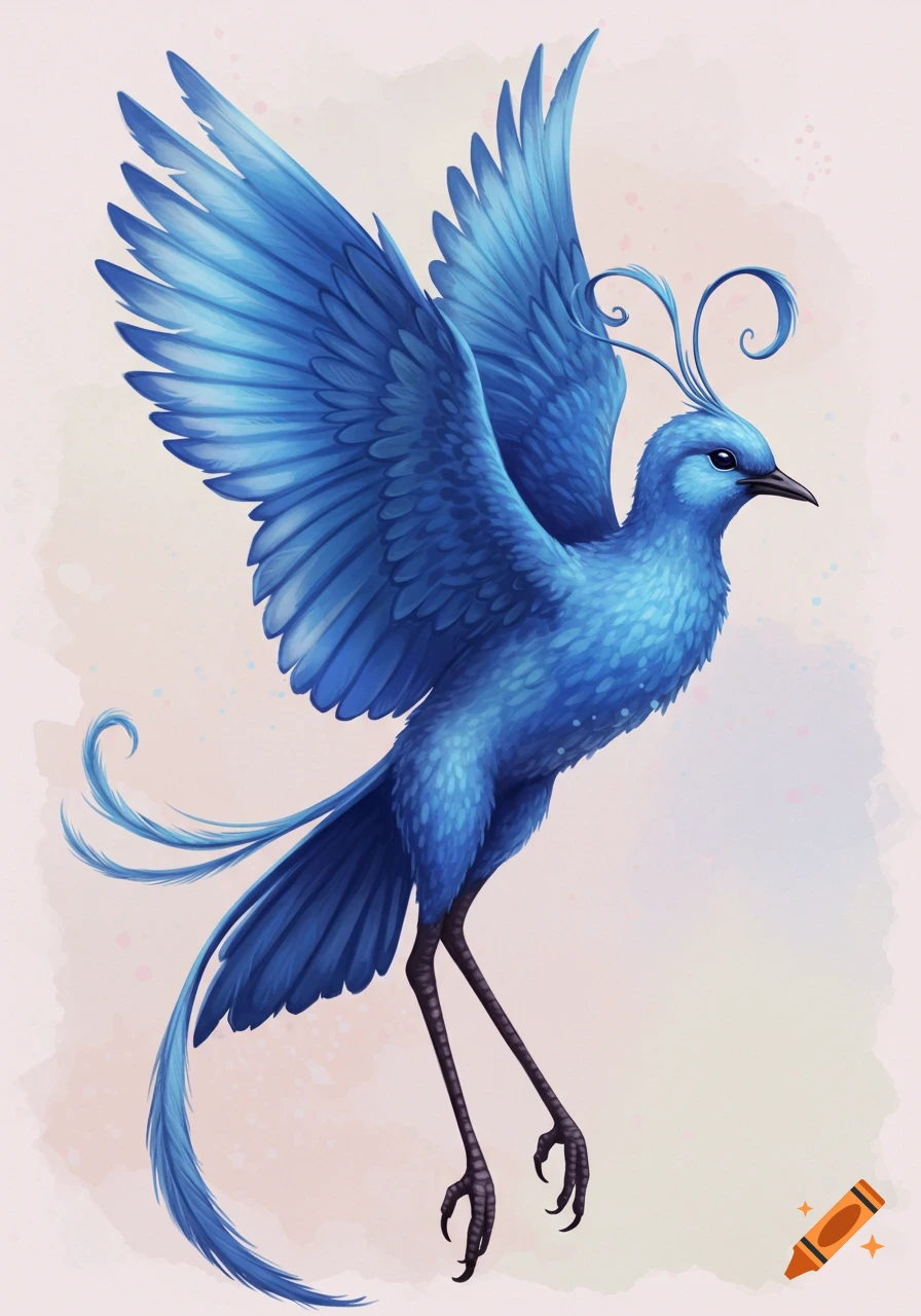 A stylized blue bird with feathered crest and tail feathers, in a dynamic pose.