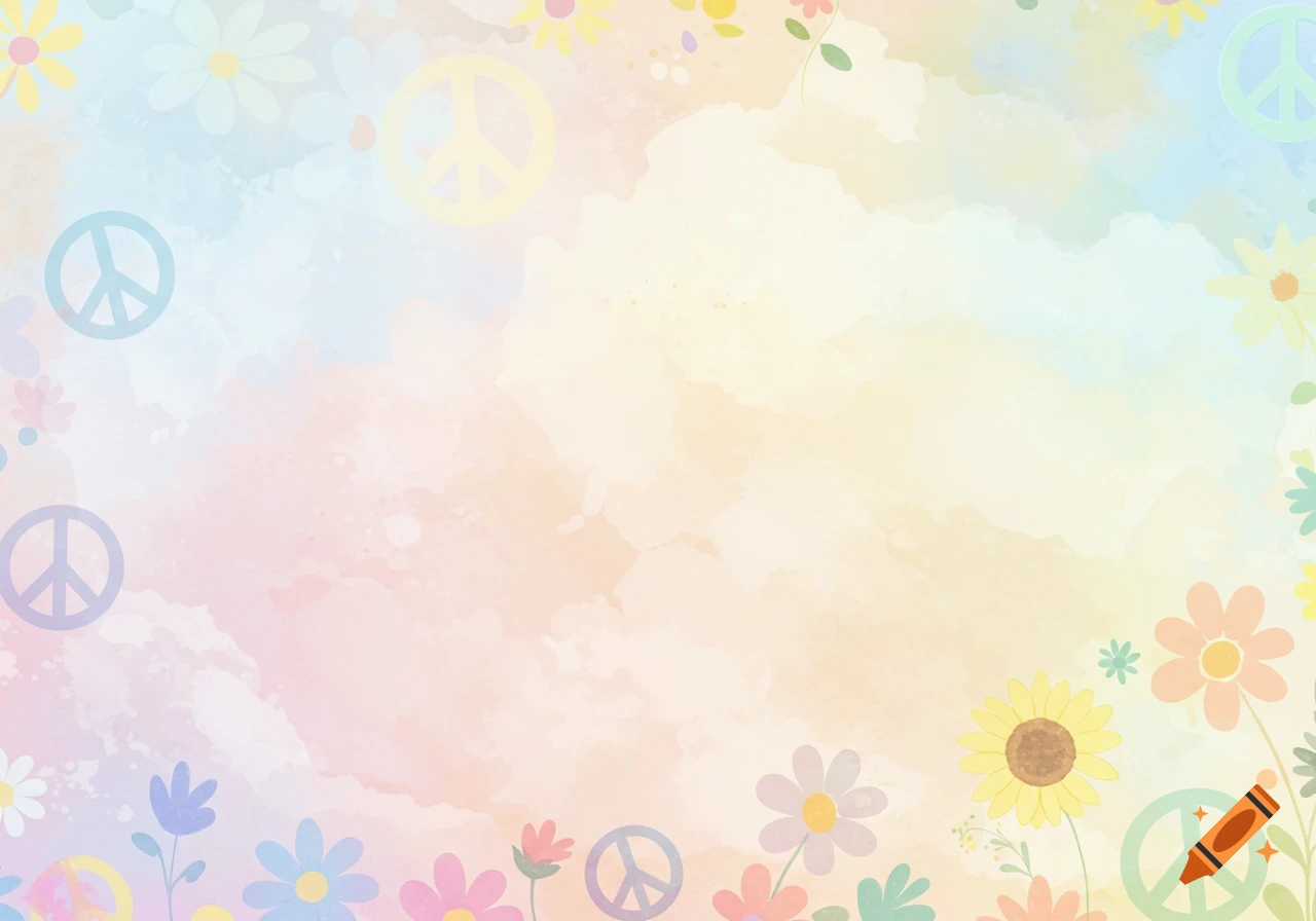 Pastel watercolor background with peace signs and flowers.