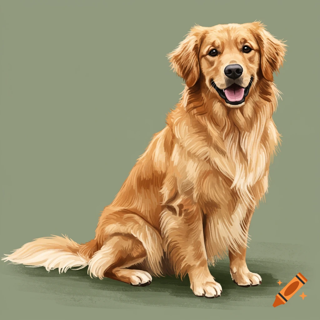 Painting of a sitting golden retriever.